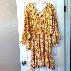 Silky golden yellow flower print dress